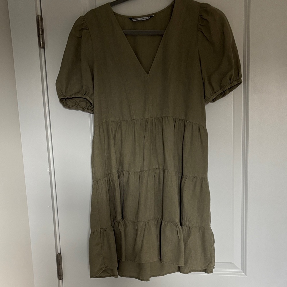 Zara Khaki Green V-Neck mini Dress
